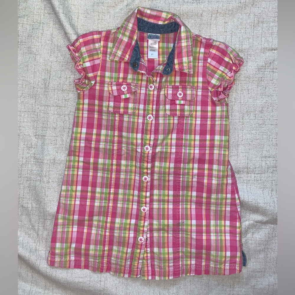 Little Me Pink and Green Plaid Button up Cotton Dress (3T)